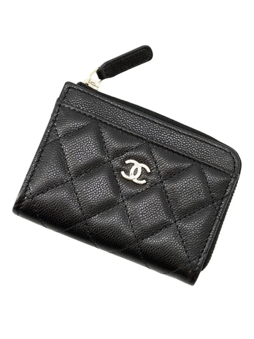 Chanel Coin Purse Quilted CC Logo Caviar Leather Wallet Black